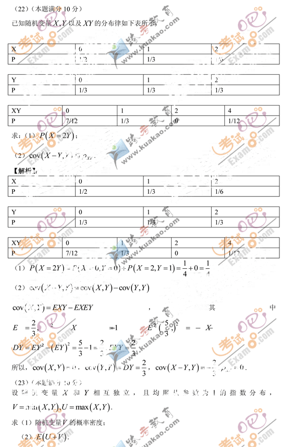 2012年硕士研究生考试数学三试题及解析（部分）